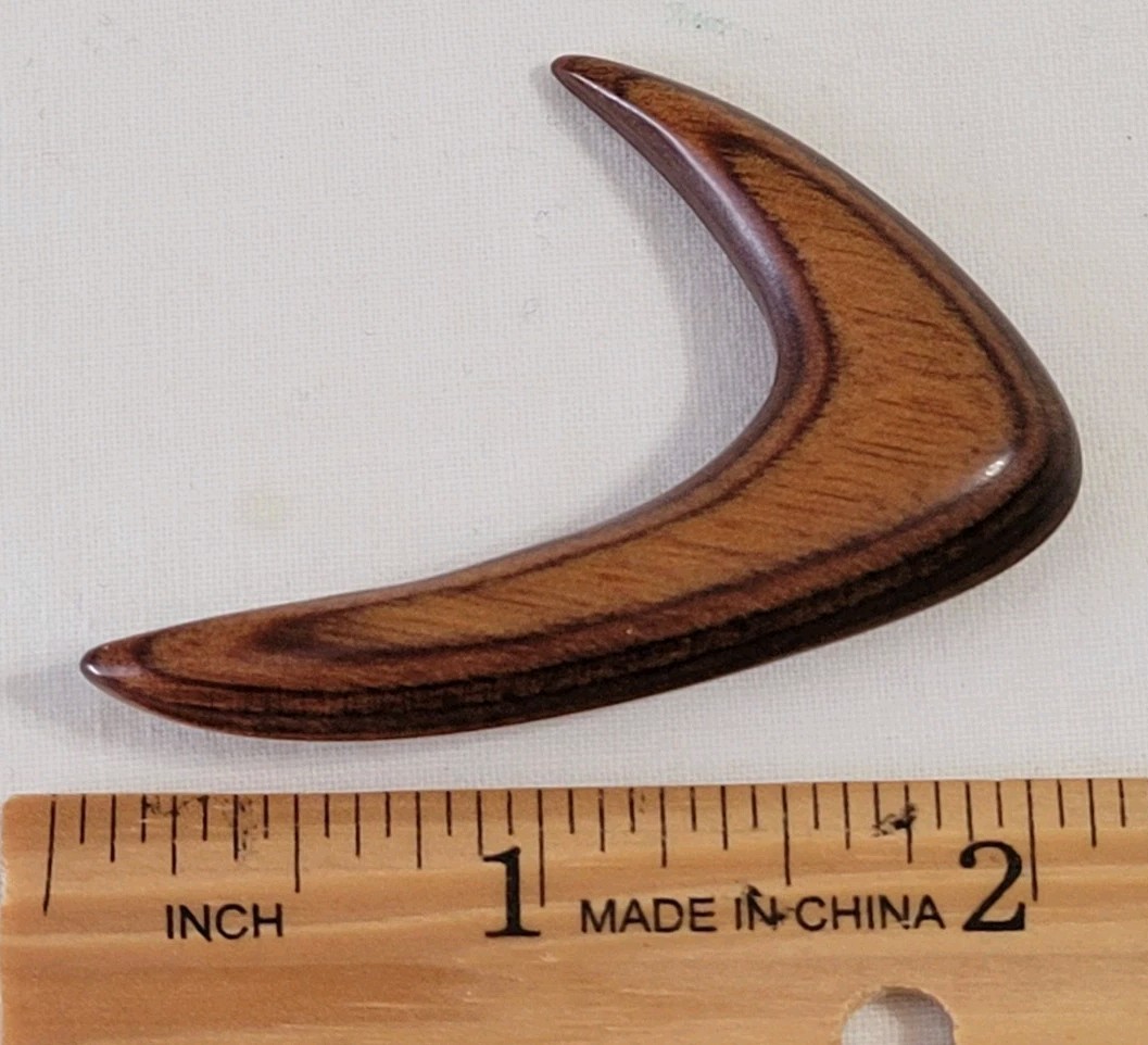 Boomerang Polished Wood Pin Brooch Layered Crescent Wood Grain 2 x 1.5″ Brown