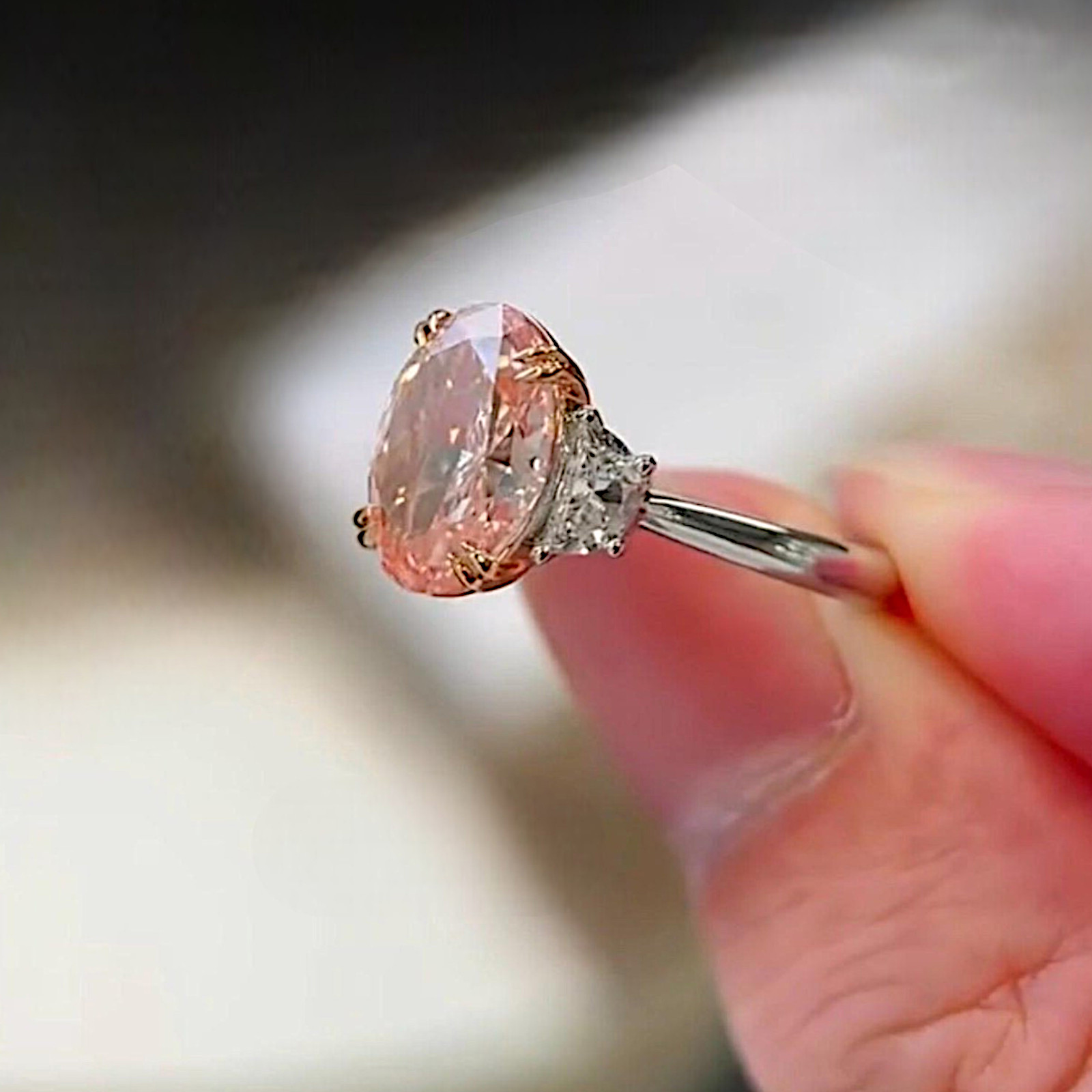 Fancy Vivid Pink Oval Cut Diamond Ring 4.70 Ct 14k Multi-Tone Gold IGI Lab Grown