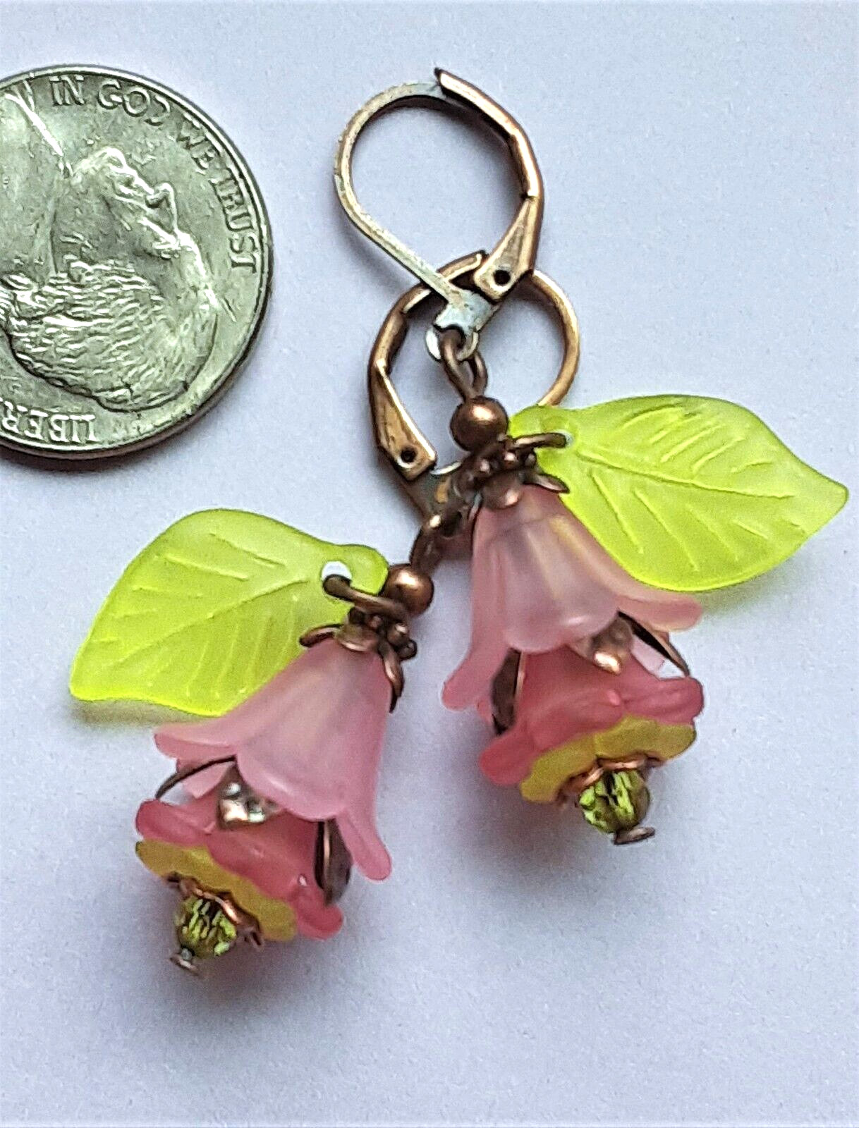 PEACH PINK acrylic FLOWER & Peridot Crystal earring COPPER LEVER BACK XX