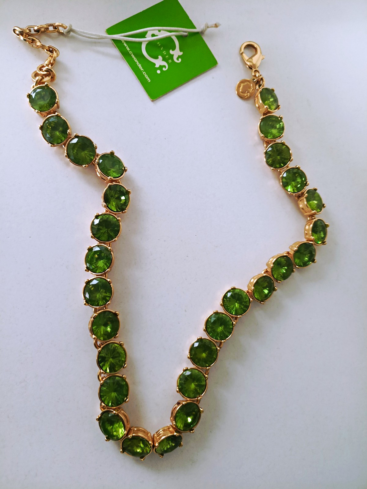 C. Wonder Green Round Crystal Prong Necklace Gold Plated Lobster Retails 58.00