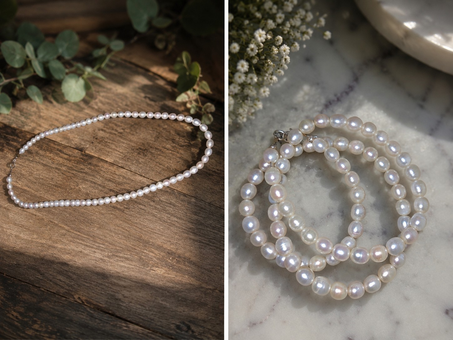 White Round Pearl Beaded Strand Necklace with Clasp, Ball/Bead Chain