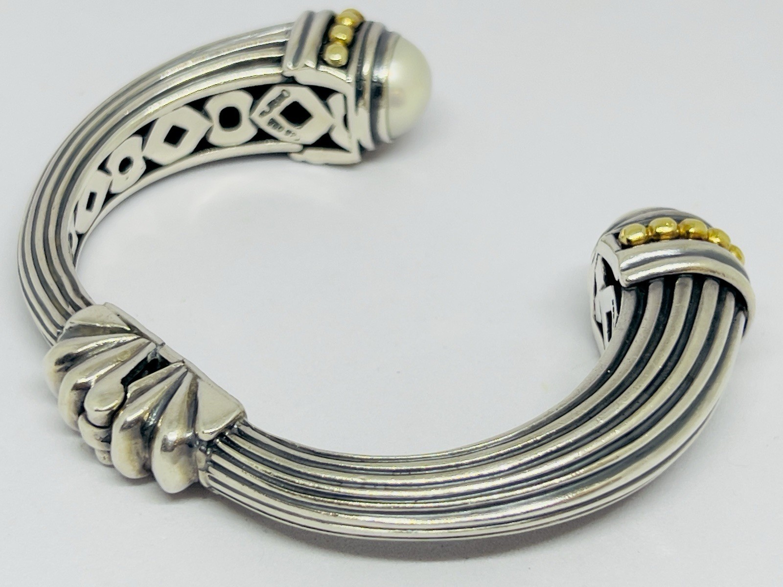 LAGOS Caviar Heavy 925/18k Yellow Gold Hinged Cuff Bracelet Mabe Pearls 64.7 g