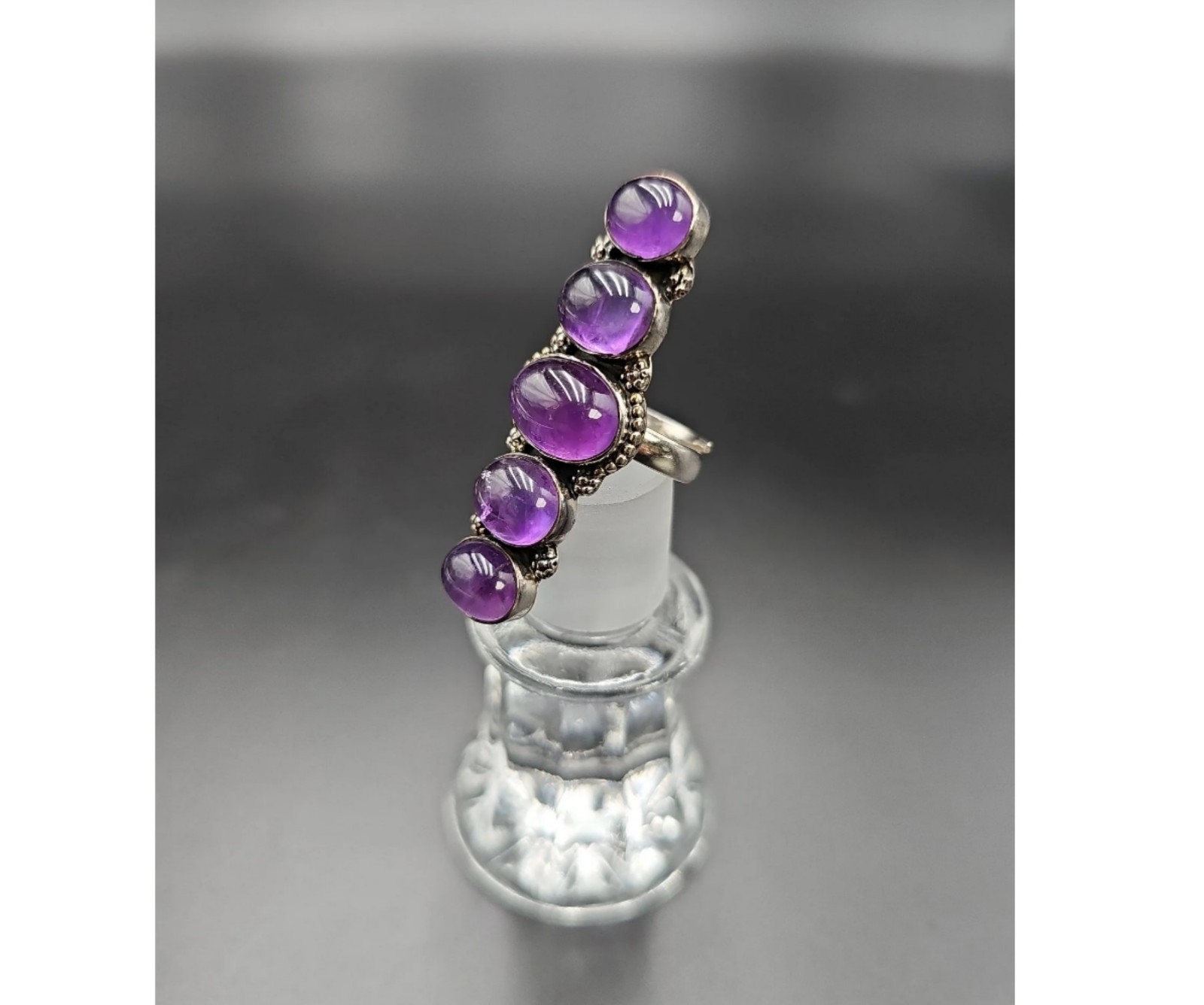 Stunning 925 Sterling Silver Five-Stone Amethyst Cabochon Statement Ring