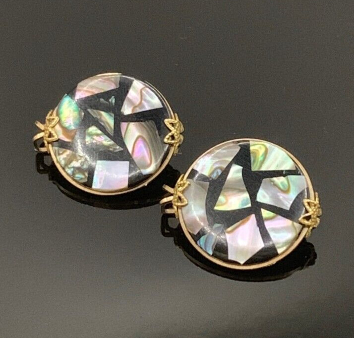 UNIQUE Vtg 1950’s Slide-On Earrings Abalone and Black By HILLCRAFT J775