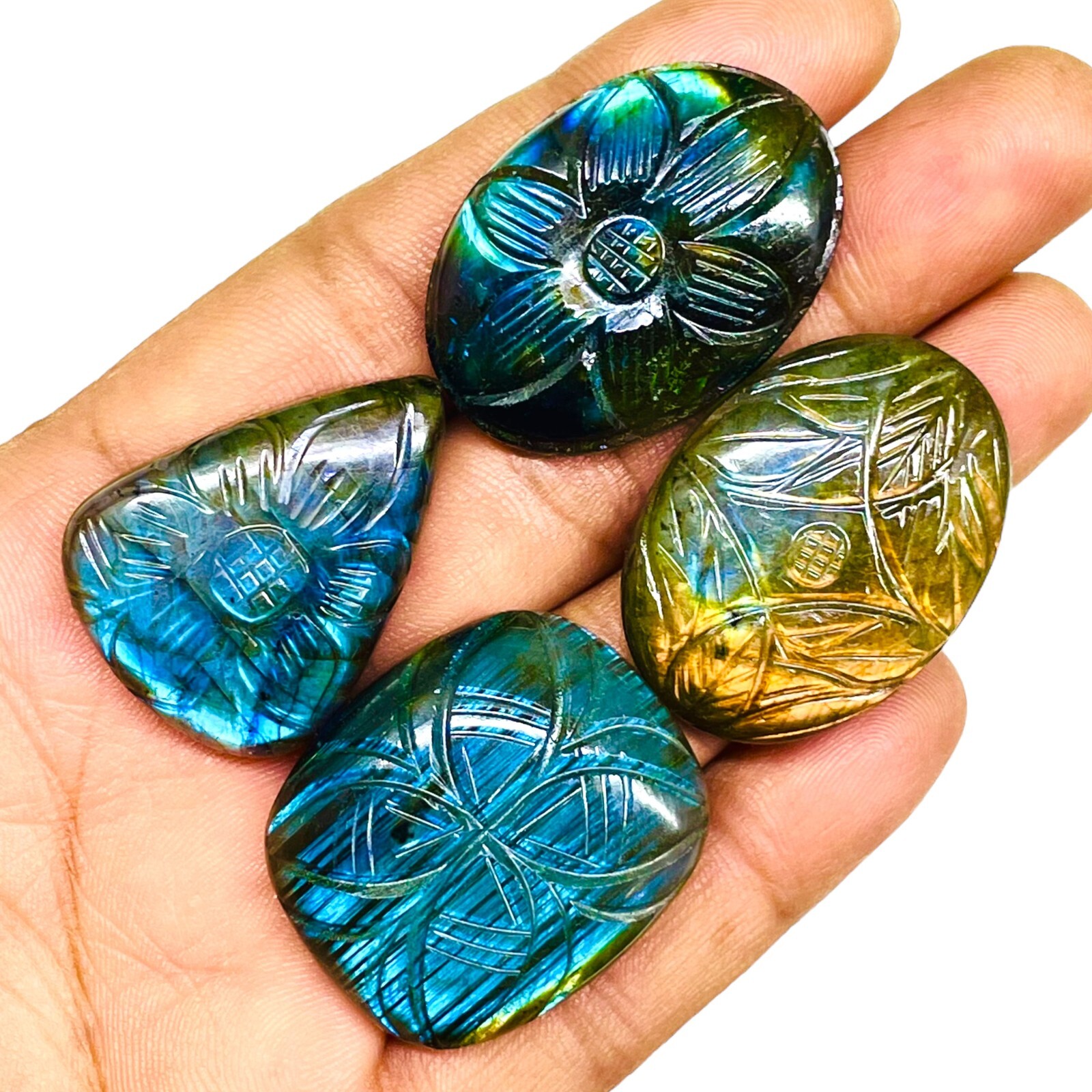 4 Pcs Natural Carved Labradorite 32-34mm Huge Pendant Size Loose Gemstones Lot