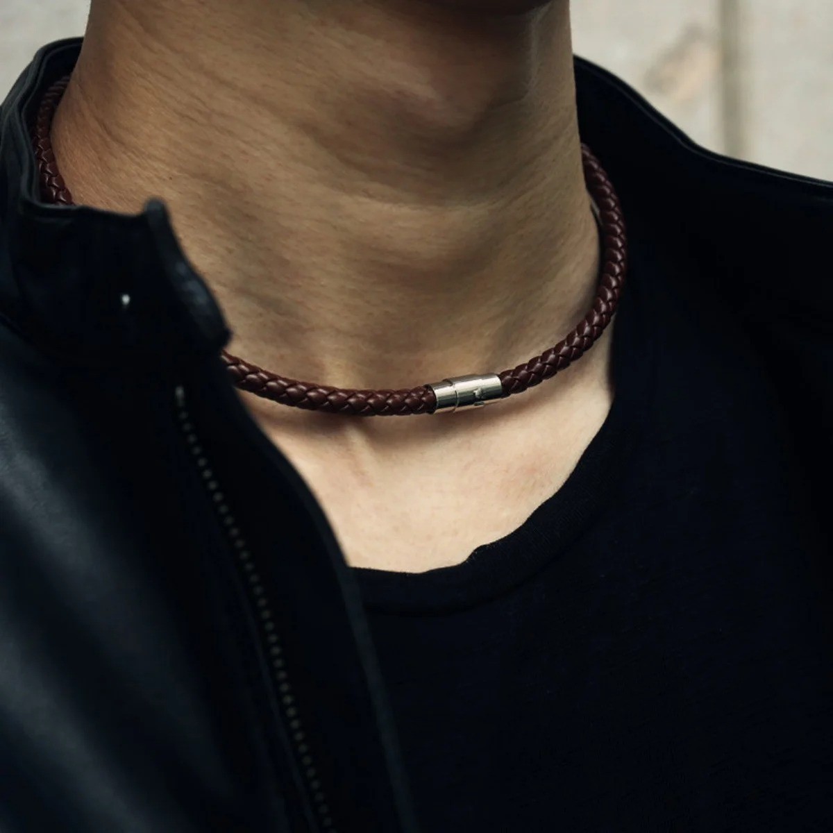 4/6/8MM Mens Black Braided Cord Rope Leather Necklace Choker w/ Magnetic Clasp