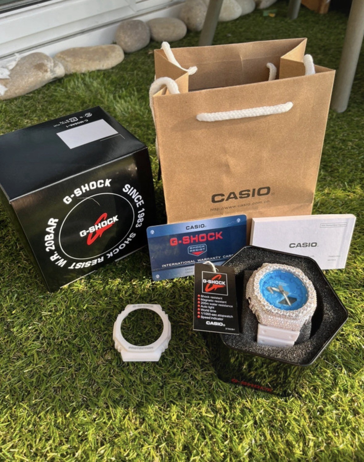 Iced Out G Shock With VVS1 Moissanite Gems.papers And Box Included.Blue Face.