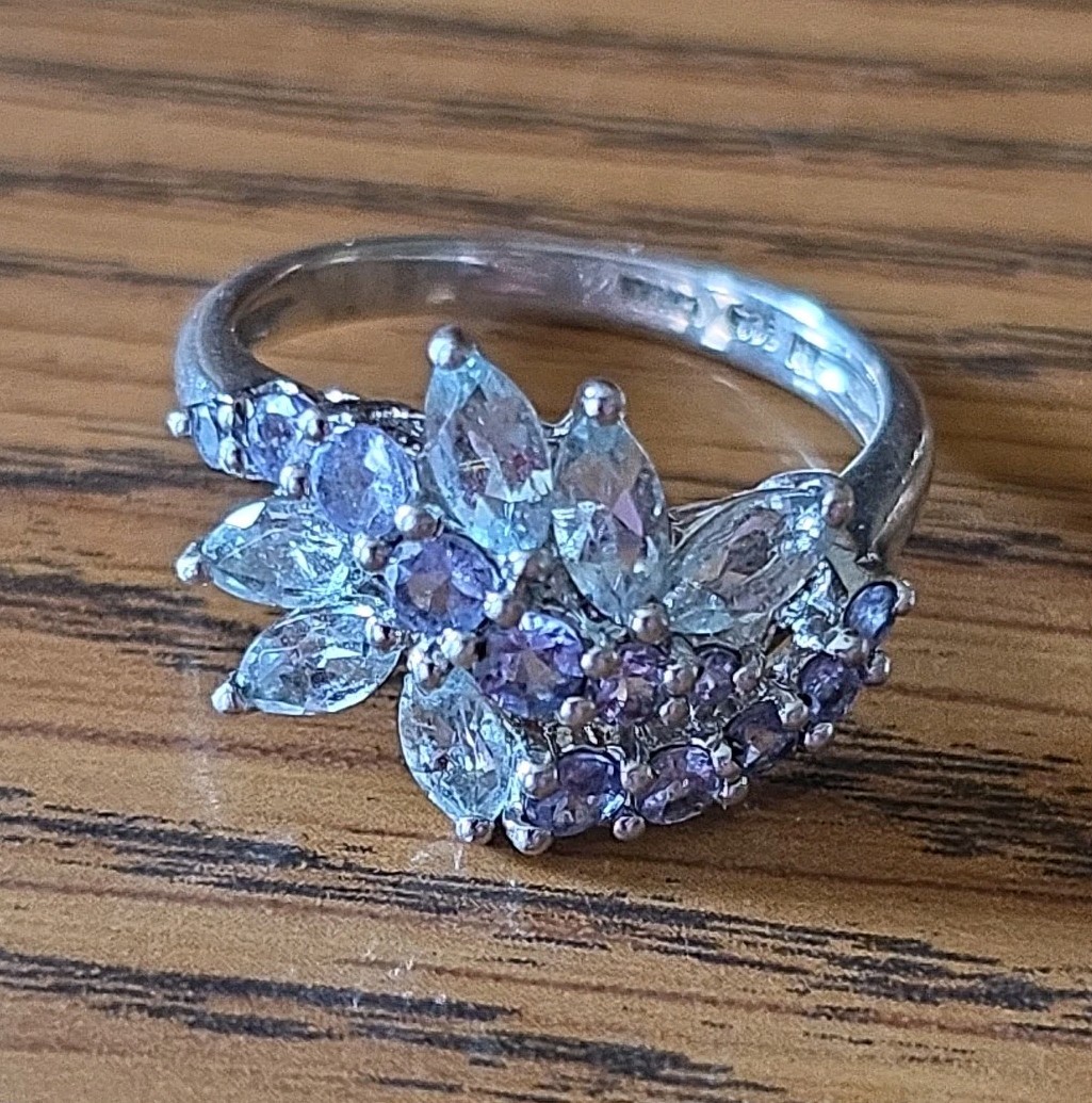 Vintage KN 925 Sterling Tanzanite Aqua Color CZ Crystal Cluster Ring Size 7