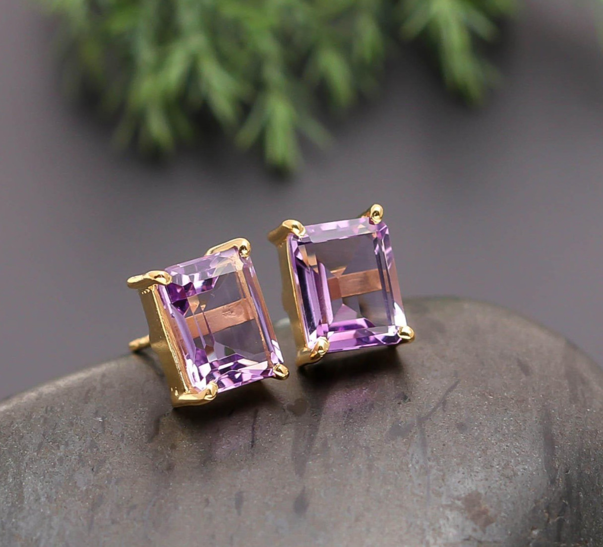 Natural Pink Amethyst Octagon Stud Earring Gold Fill Solid Silver Unique Jewelry