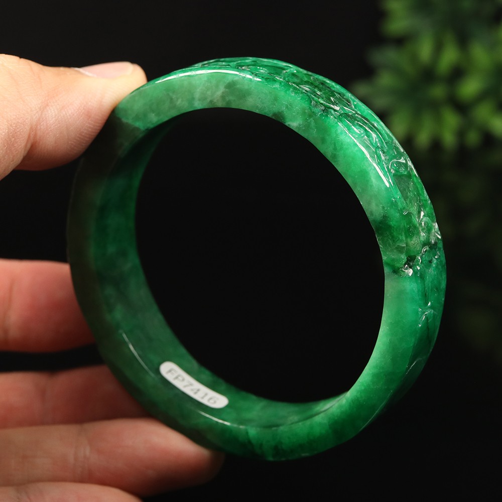 61mm Emerald Green Jadeite Jade Bangle Bracelet Coin Ruyi Flower Rabbit A-14885