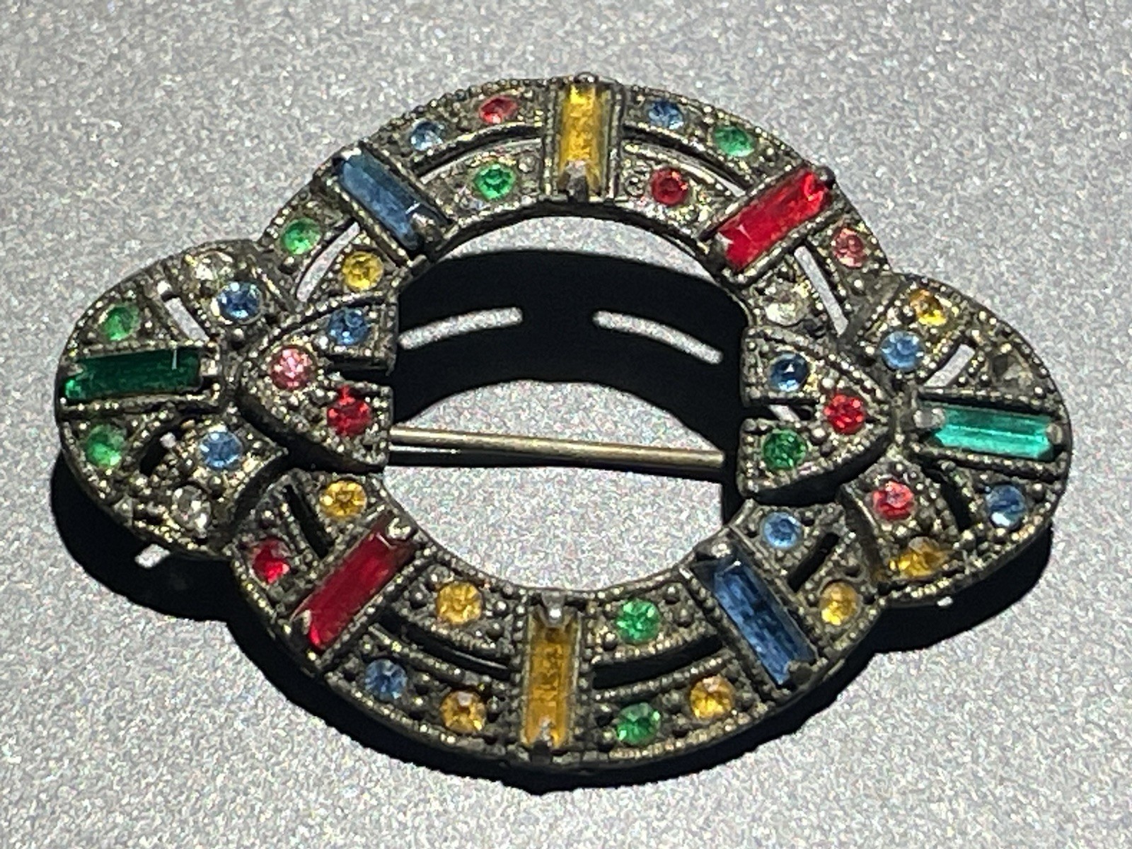 Vintage Art Deco Czech Brooch Pot Metal Rhinestone Multicolor READ