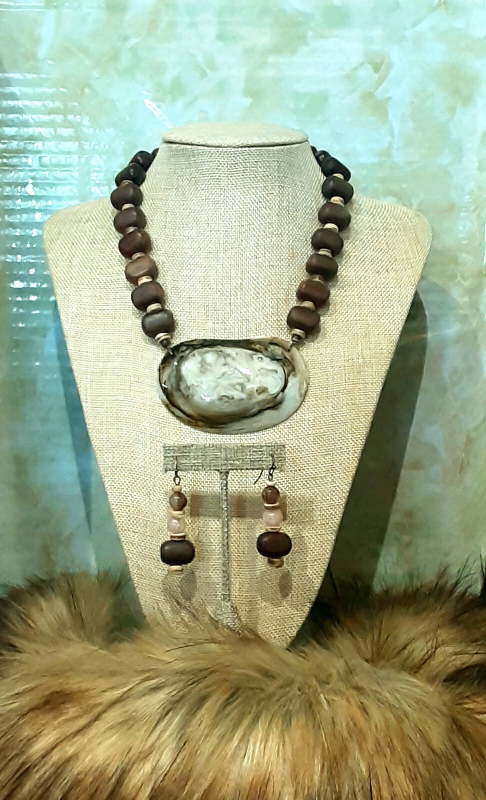 CHICO’S Awesome Wood 🪵Acrylic? Horn? 🦬 9″L Necklace 2.5″L Earrings Jy1