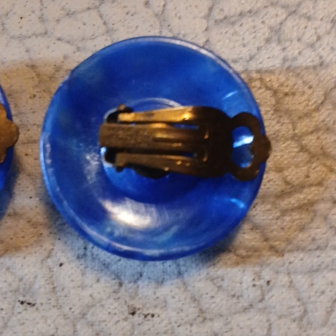 VINTAGE Clip On Earrings Signed Western Germany Round Blue Lucite Molded
