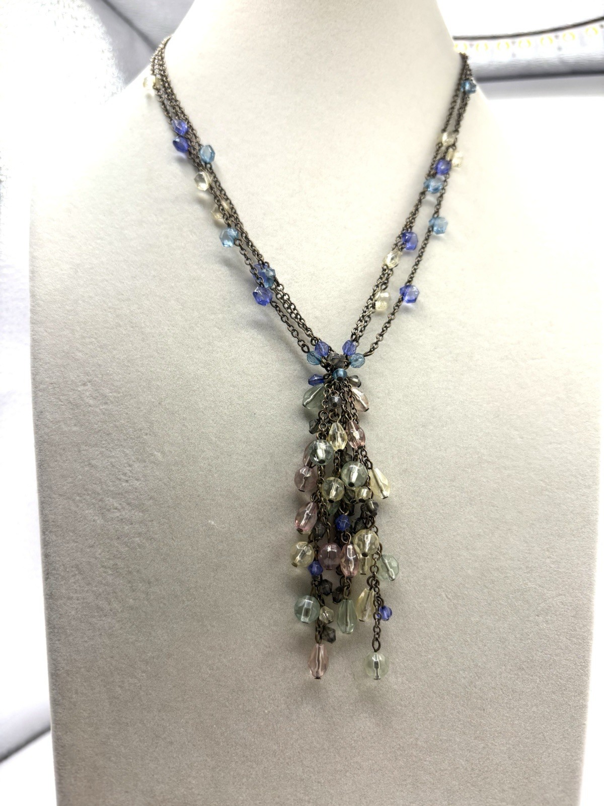 Evita Peroni Aged Brass Multi Colored Beaded Layered Tassel Necklace Pastel