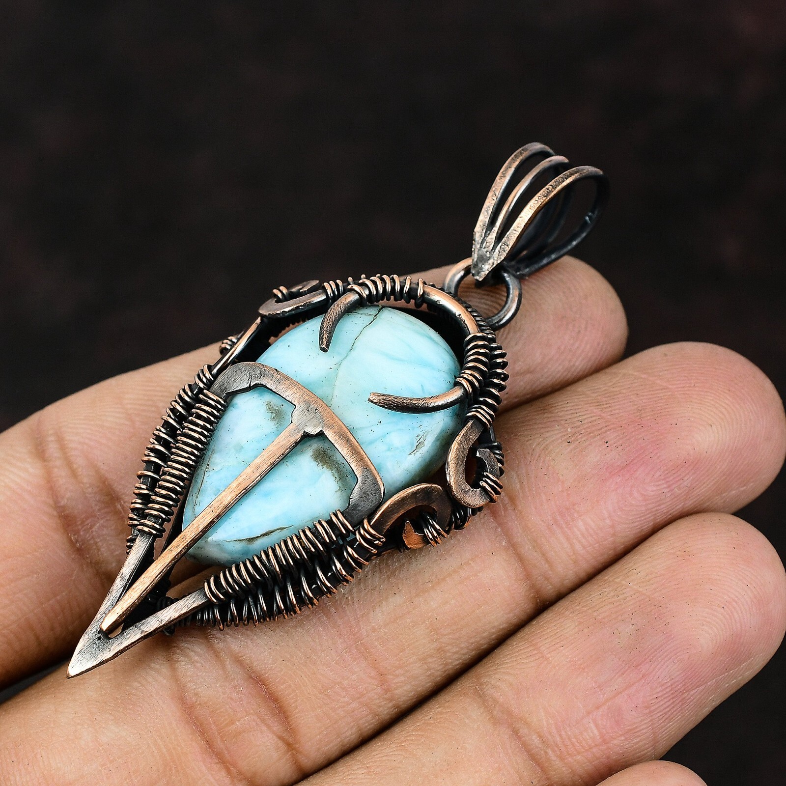 Larimar Gemstone Jewelry Copper Gift For Mother Wire Wrapped Pendant 2.56″