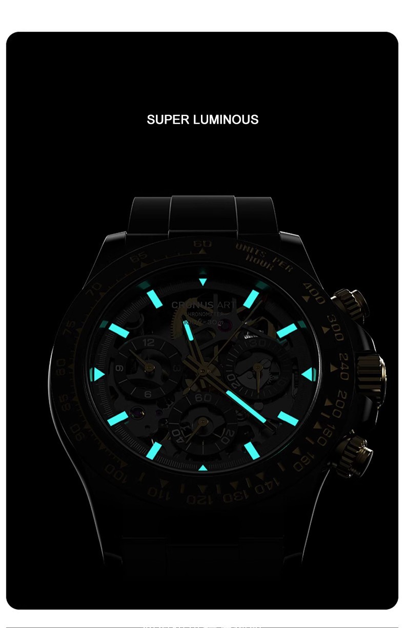 CRONUSART Men Chronograph Watch 42mm Automatic Mechanical Wristwatch Skeleton