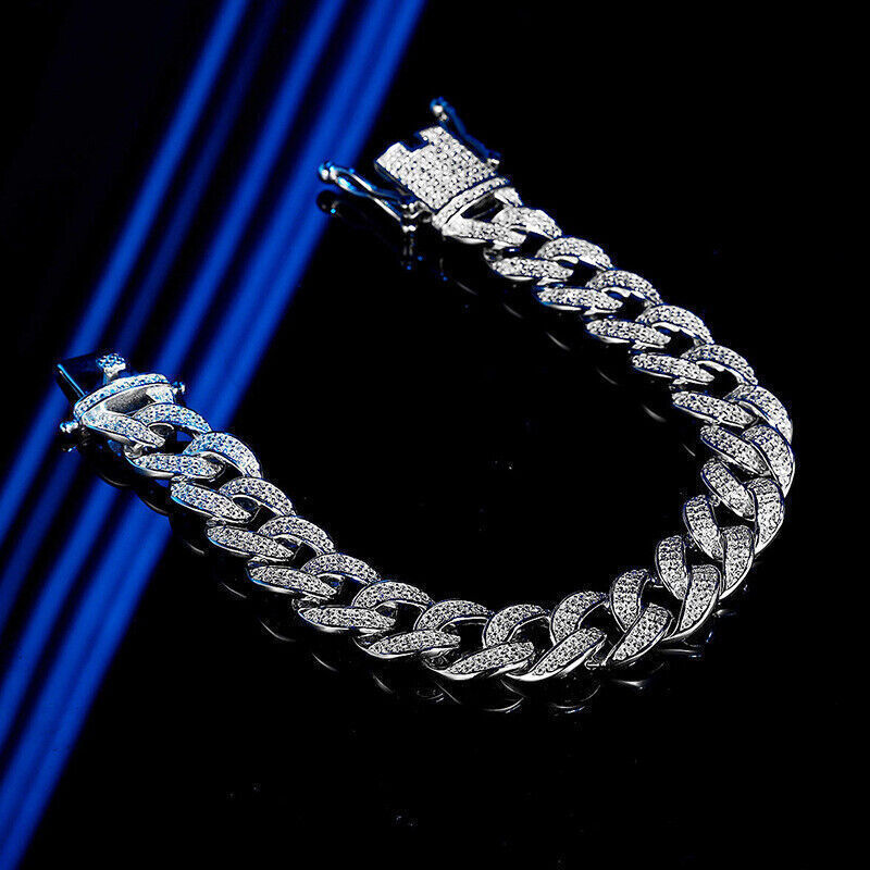 Real Miami Cuban Link Prong Chain Iced Out Hip Hop Men Bracelet 925 Silver 12mm