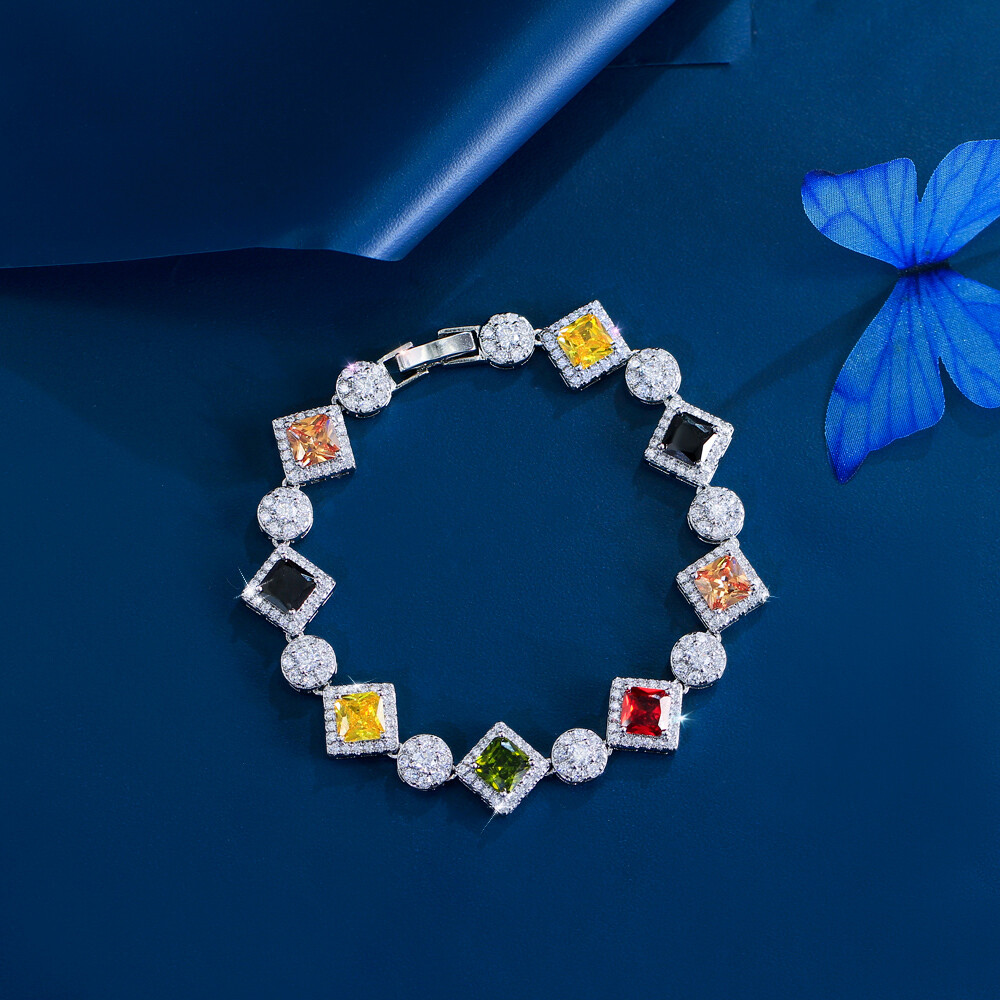 Trendy Silver Plated Multicolor Cubic Zirconia Rhombus Tennis Bracelet for Women