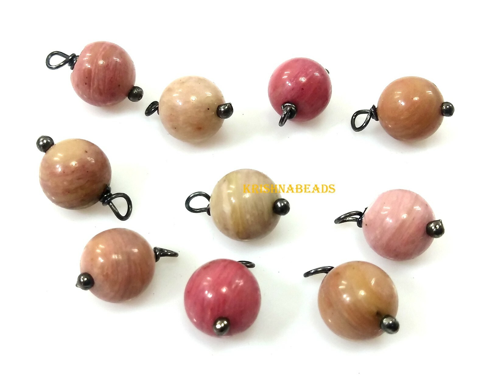 Natural Pink Rhodonite Round 8mm Smooth Beads Black Plated Wire Wrapped 25Pecs