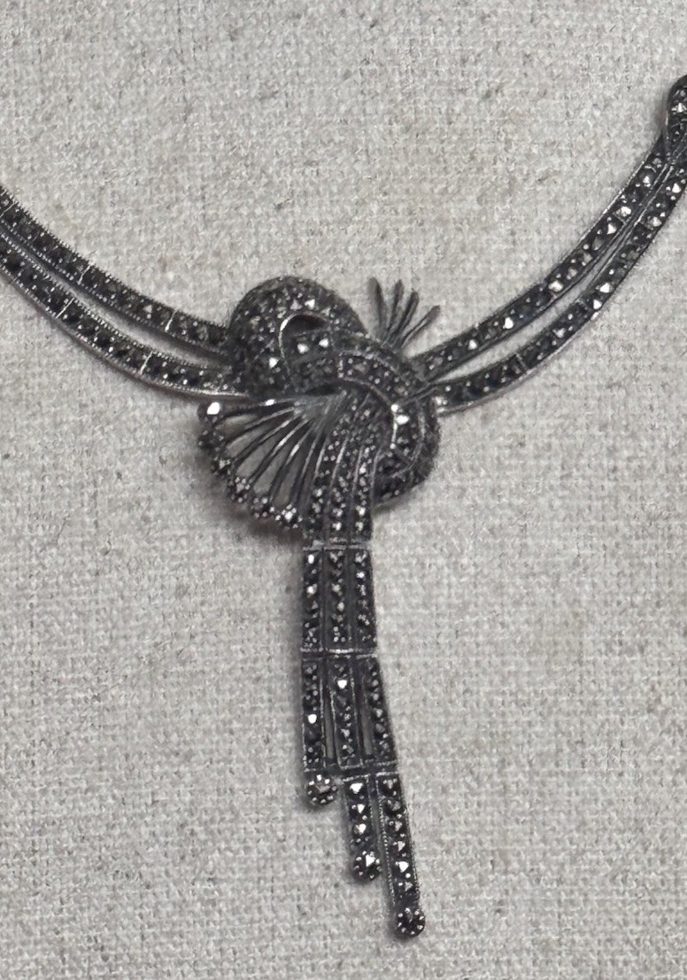ART DECO ACI 925 STERLING SILVER KNOT NECKLACE MARCASITES #10