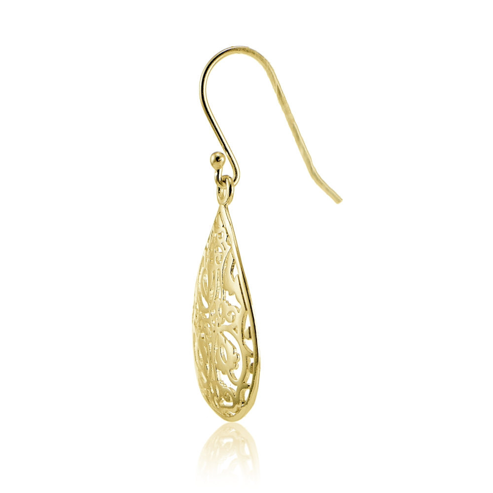 Yellow Gold Flashed Sterling Silver Filigree Teardrop Earrings