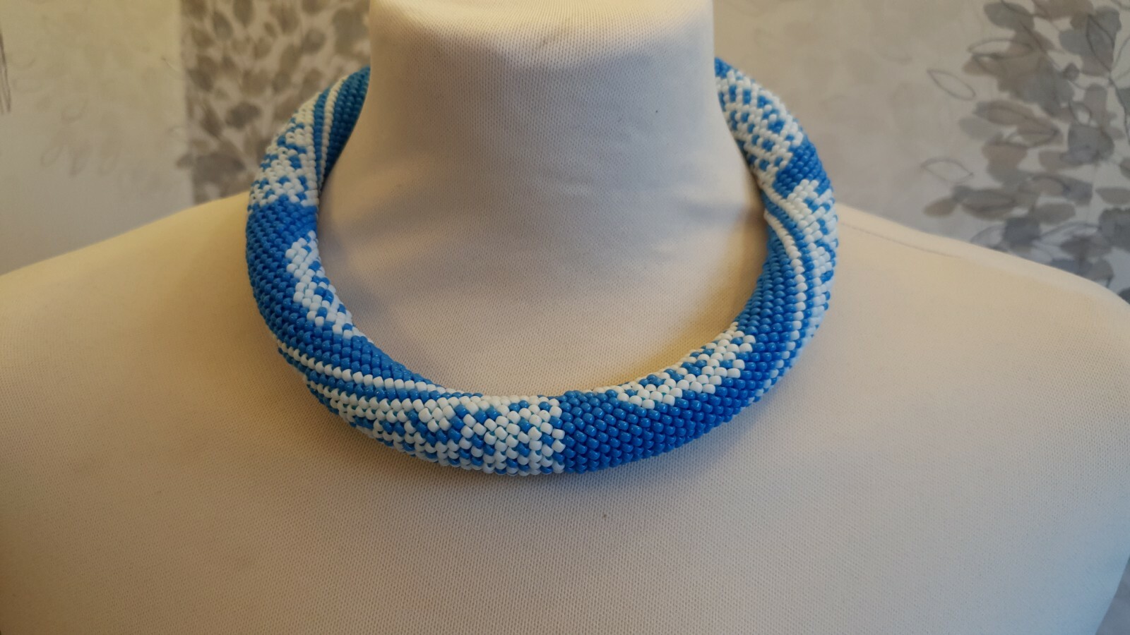 Blue & white crochet bead necklace 19.5in/50cm (hand made, TOHO glass beads)