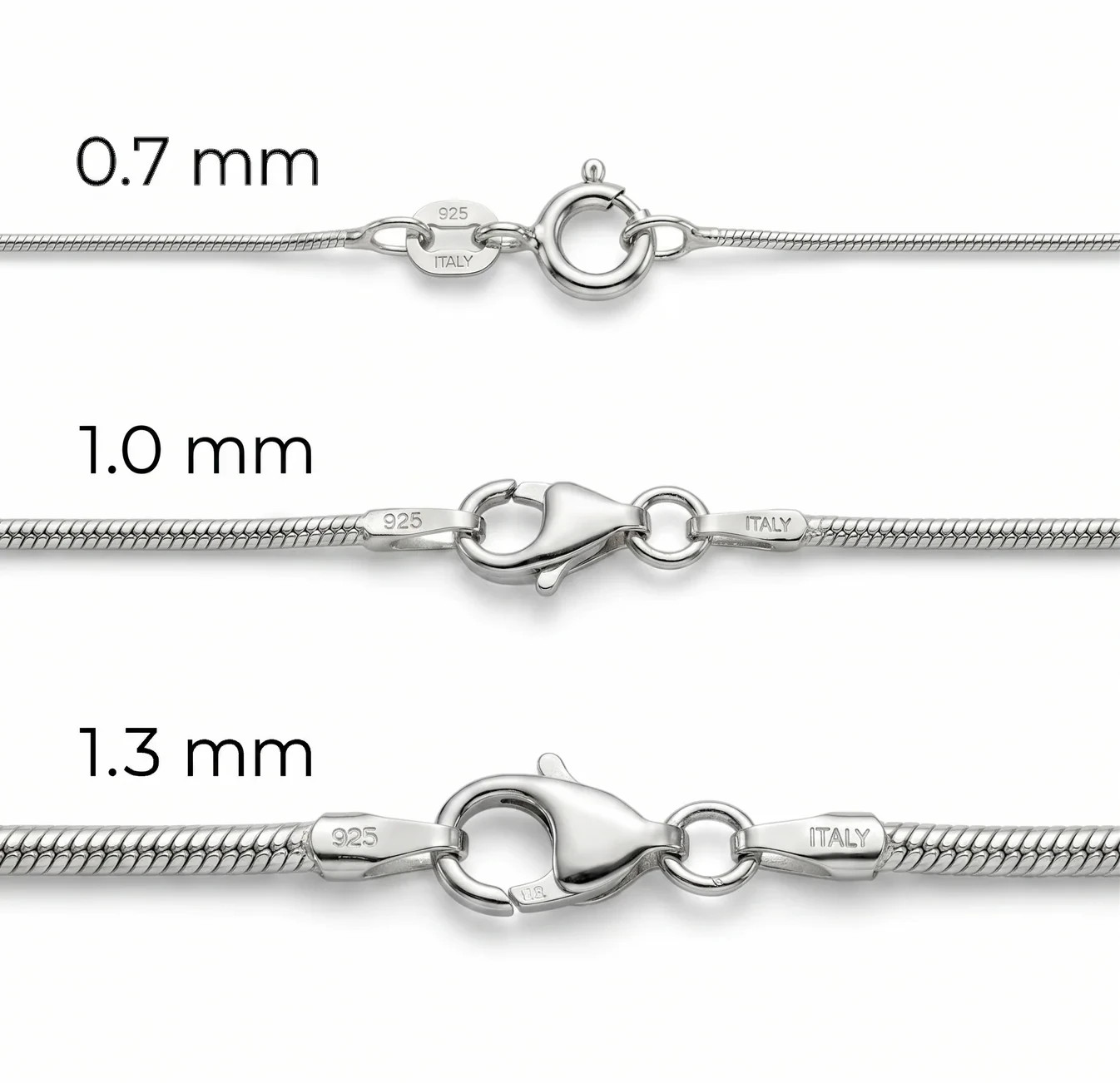 Lab-Tested Italian Snake Chain Rhodium Plated 925 Sterling Silver 0.7-1.3mm