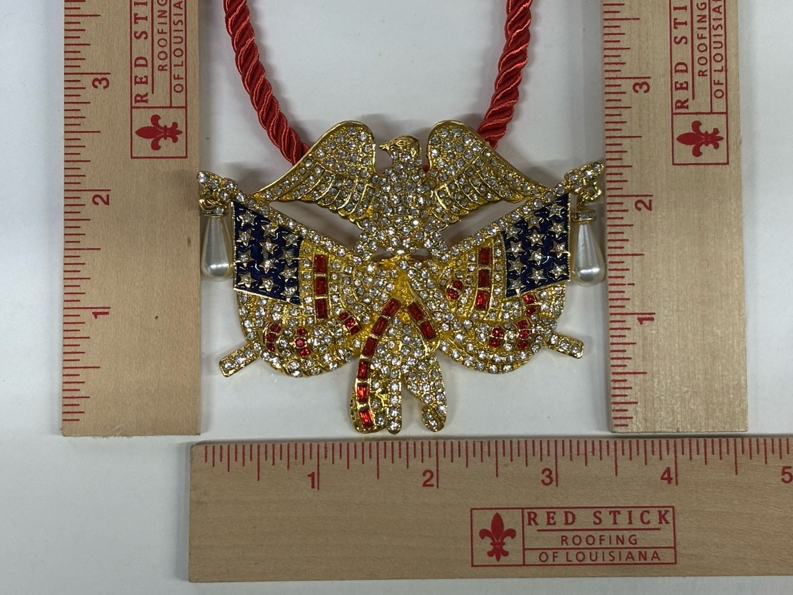 Flags Eagle Gold Tone Red White Blue Rhinestones Pearls USA 250th Necklace NEW
