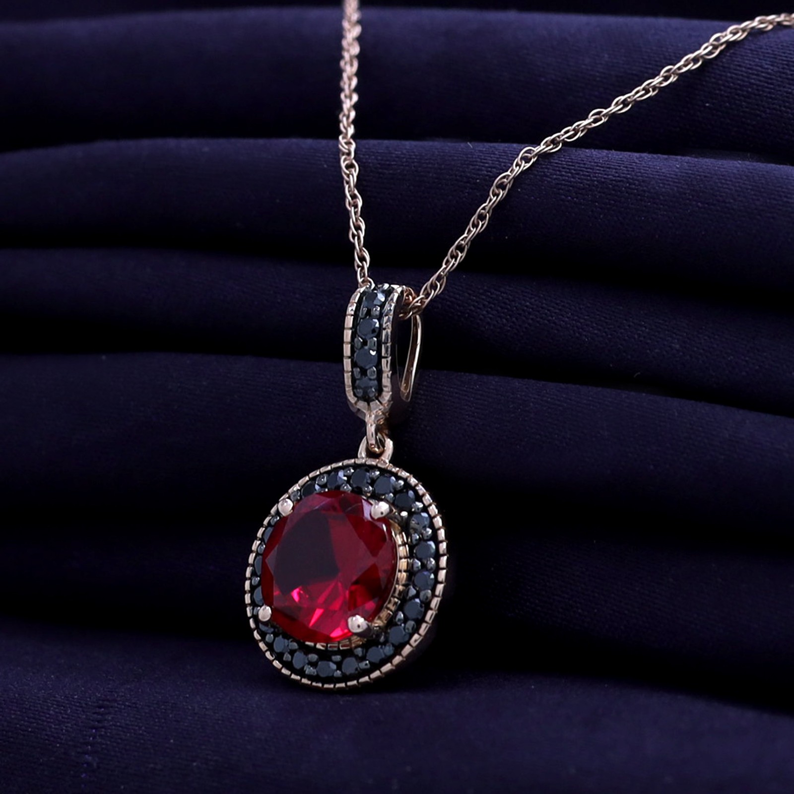 Simulated Pink Ruby & Black Spinel Dangle Pendant Necklace 14k Rose Gold Plated