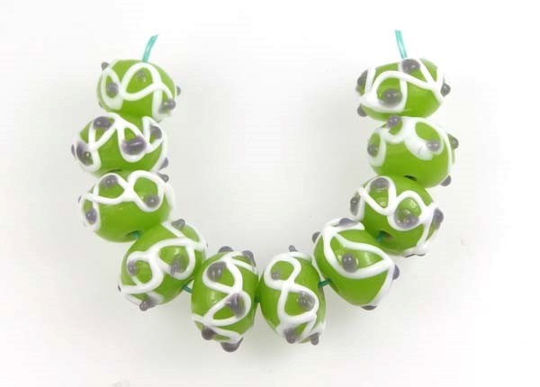 10 Lampwork Handmade Glass Beads Green White Lavender Rondelle (10)