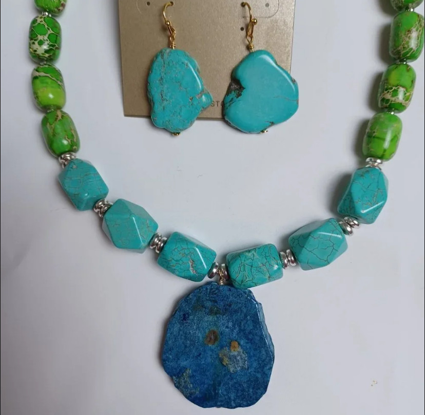Barse Lime & Turquoise Blue Statement Necklace and Turquoise Slab Earrings