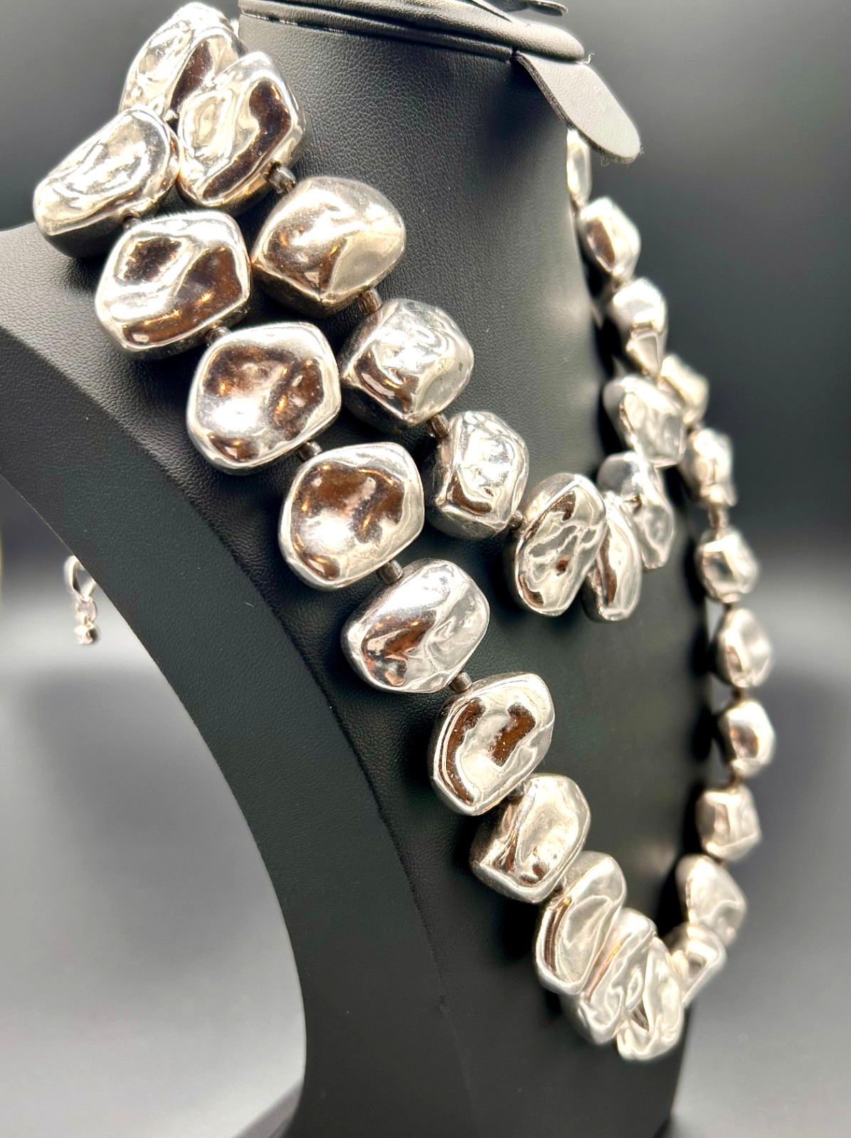 Chico’s Silver Tone Chunky Nugget Pebble Bead Statement Necklace 21″ Long Signed