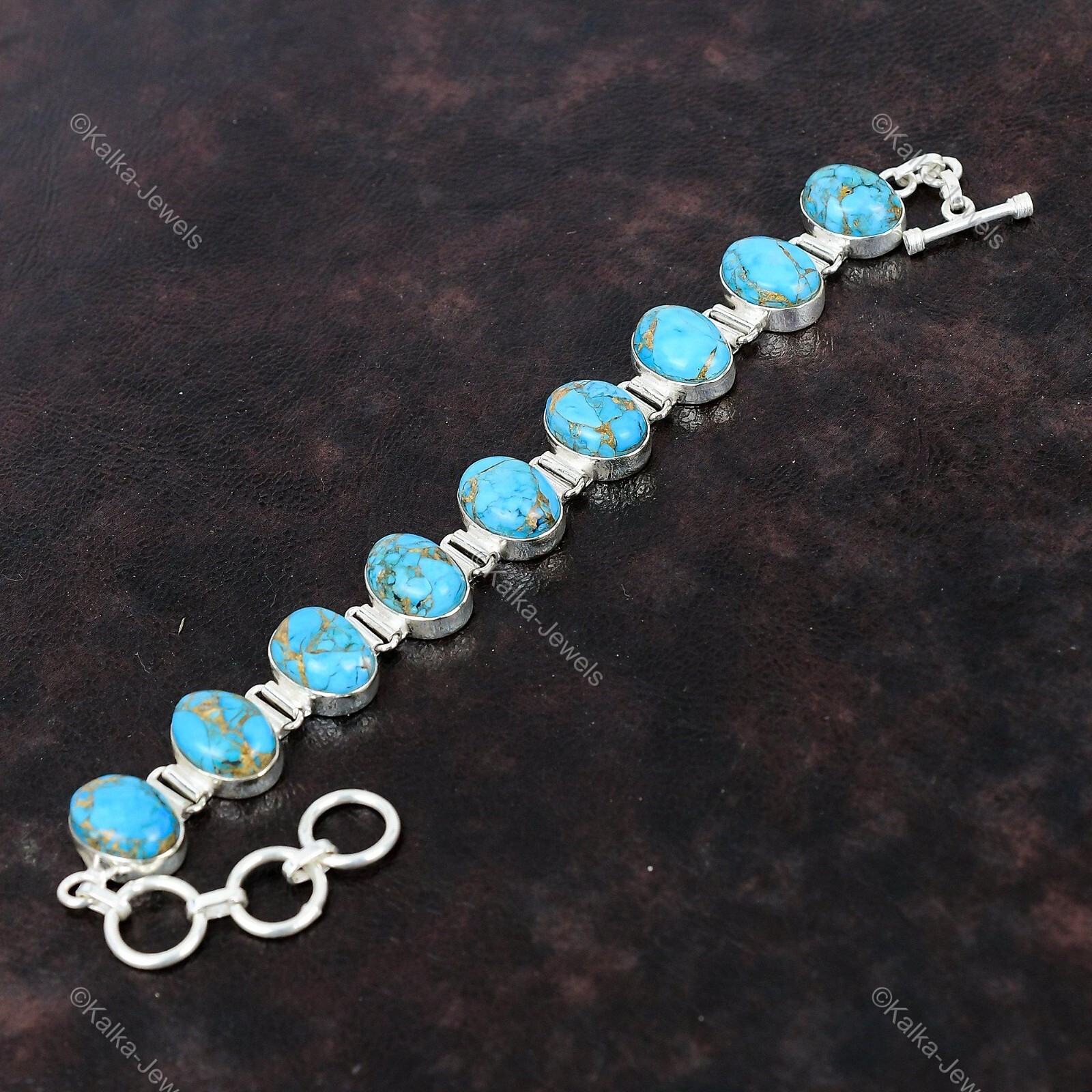 Natural Copper Blue Turquoise Chain Adjustable Bracelet 925 Silver For Women