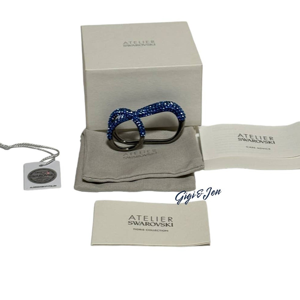 Swarovski Tigris double ring Blue, Ruthenium plated Size 55/7 USA – Damage Box