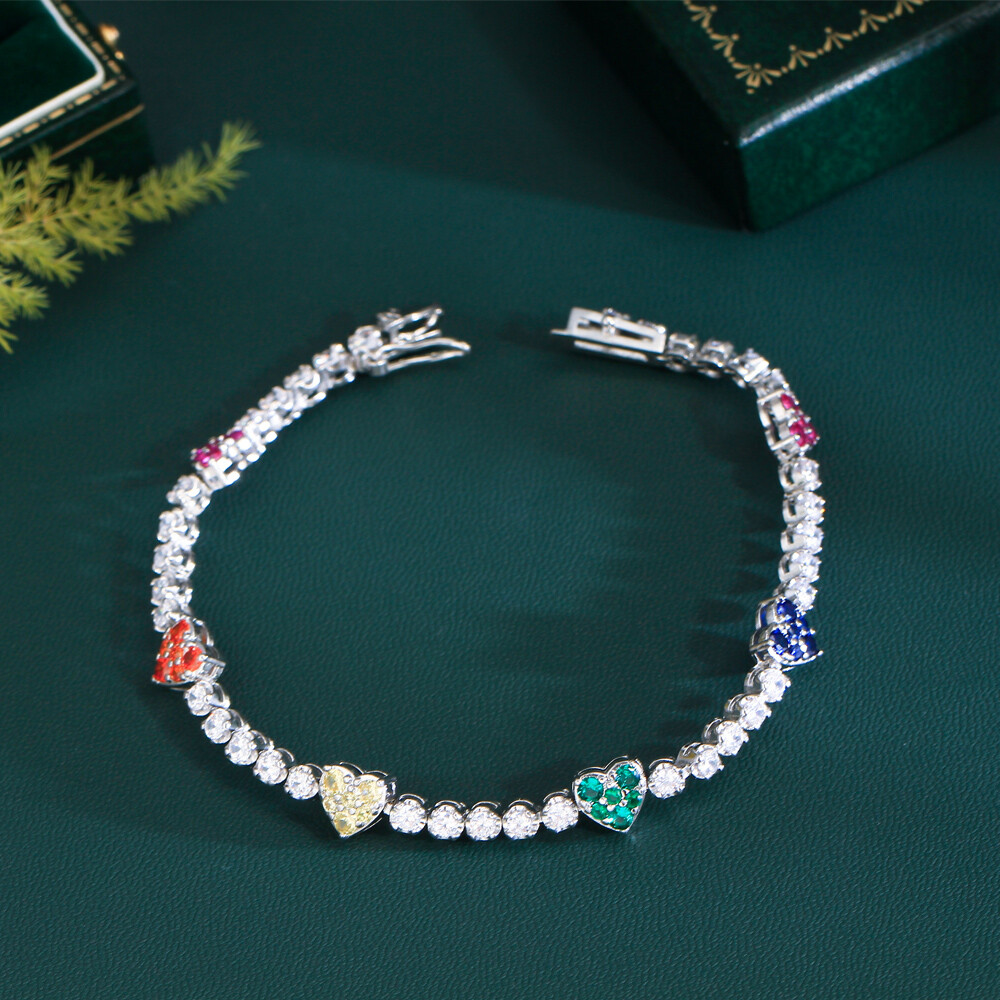Trendy Silver Plated Round Cubic Zirconia Tennis Heart Bangle Bracelet for Women