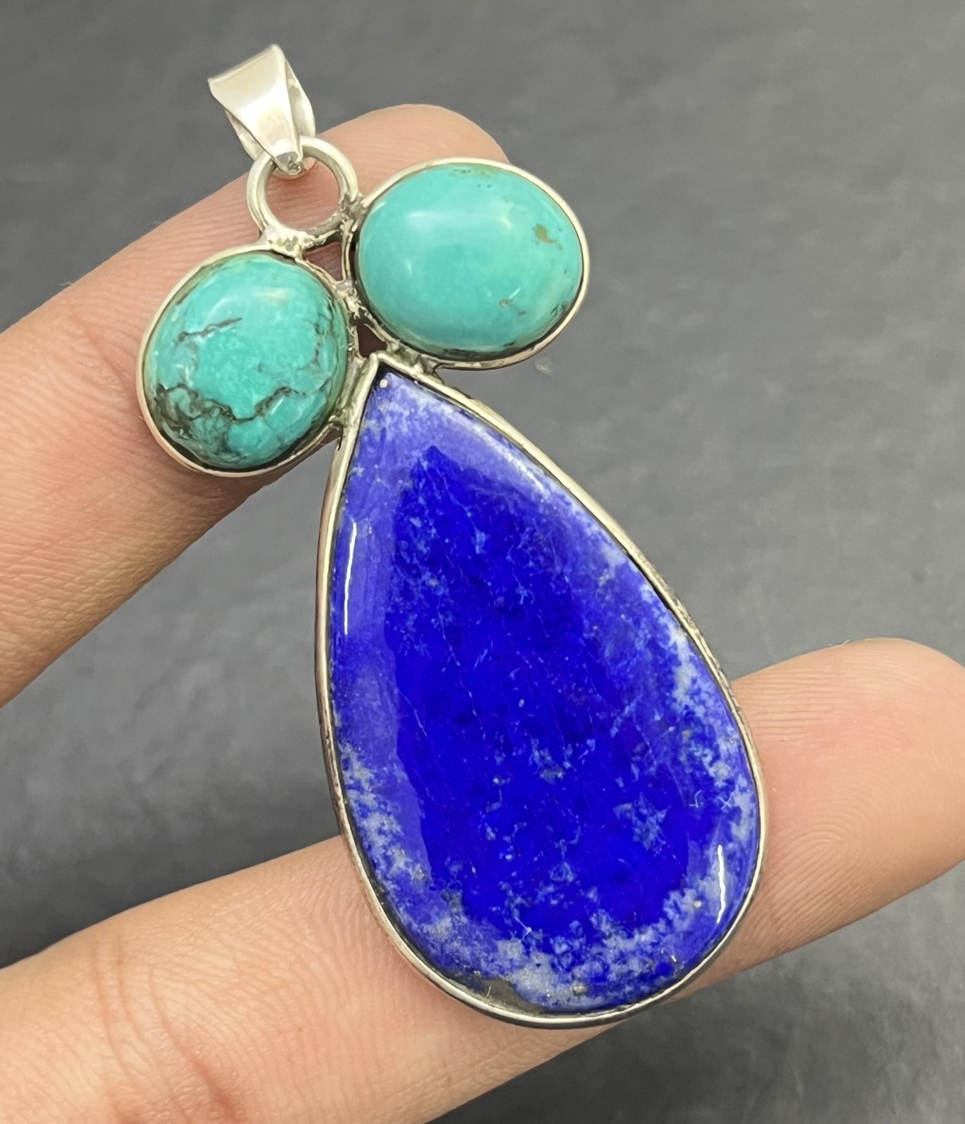 Natural Lapis Lazuli Turquoise Pendant 925 Sterling Silver Boho Handmade Jewelry
