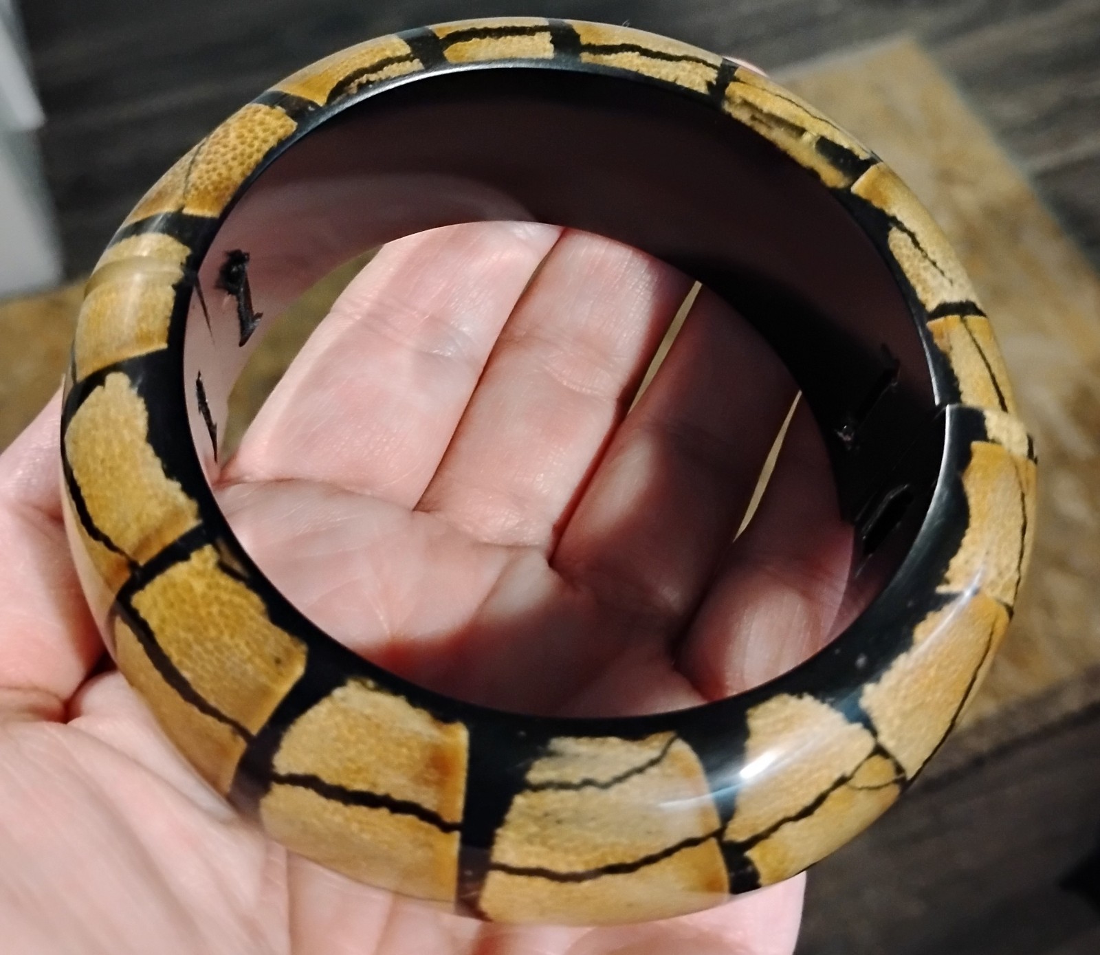 Vintage Bamboo Print Over Wood Cuff Bracelet Bangle