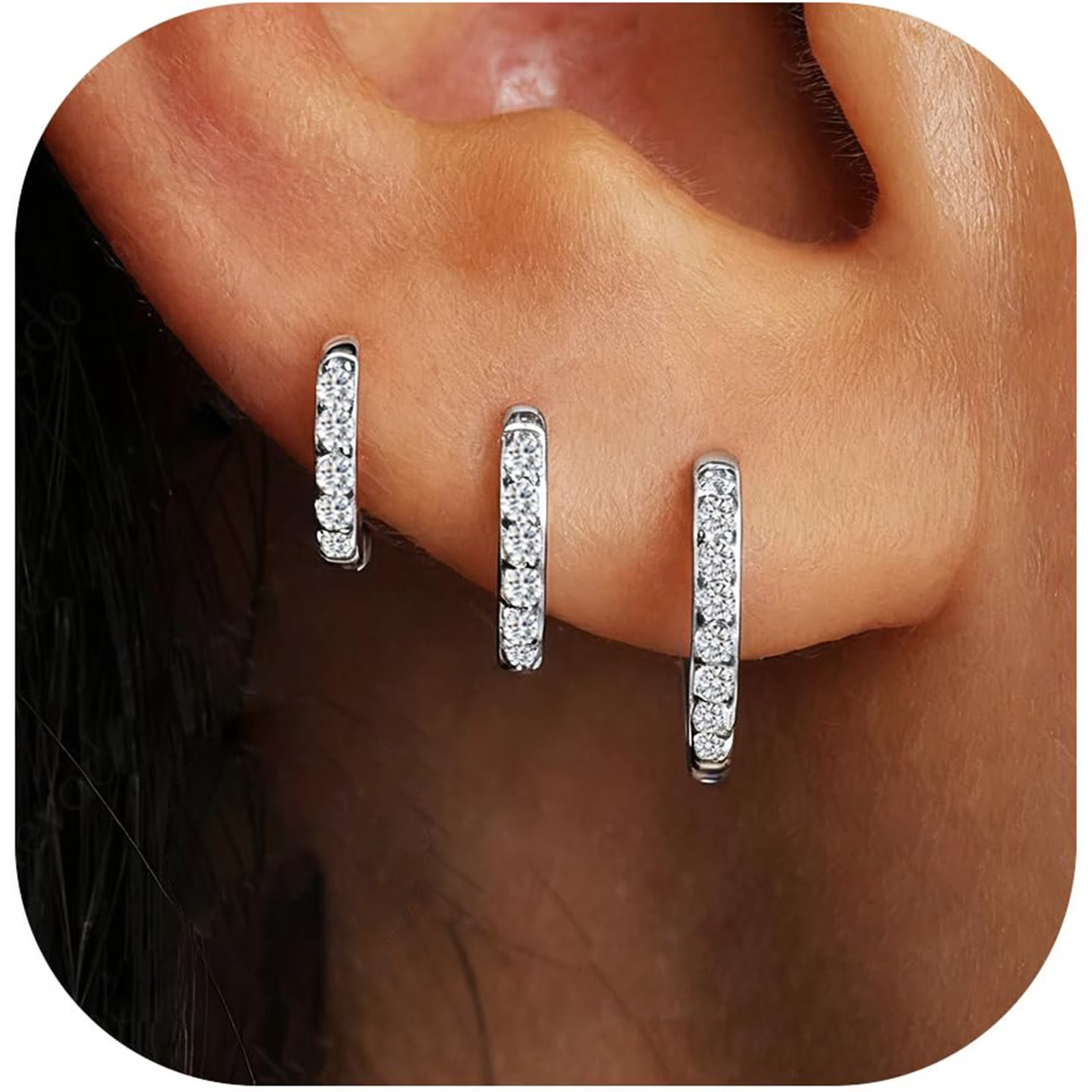 3 Pairs 925 Sterling Silver Hoop Huggie Earrings CZ Hypoallergenic Women Select
