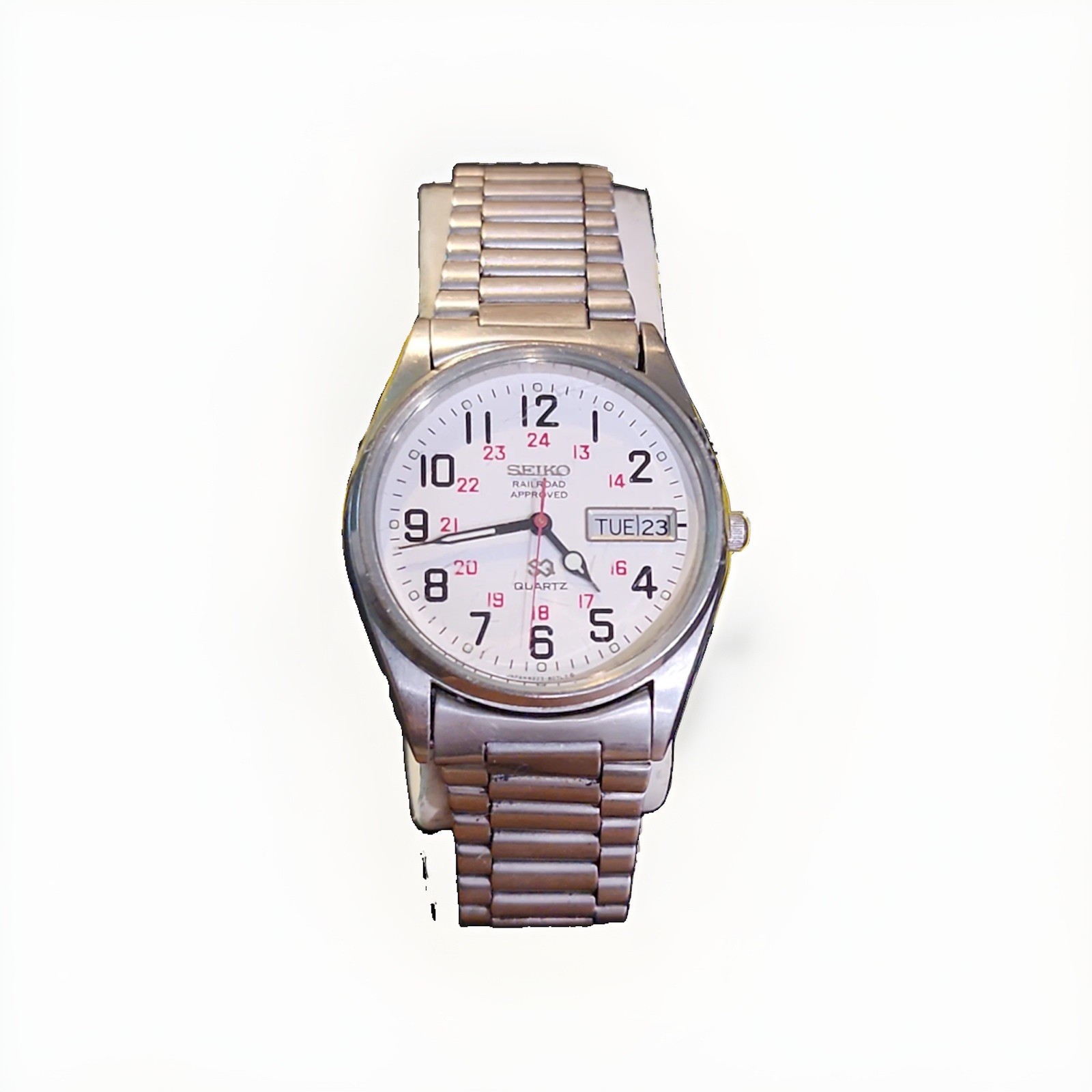 Vintage Seiko Mens Watch 34mm Railroad Approved Day Date Runs Great W/ SQ Band