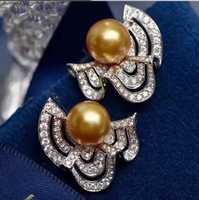 Art Deco 10-11 mm Gold Or White South Sea Pearl Earrings 925 SS Lab Stones Erte