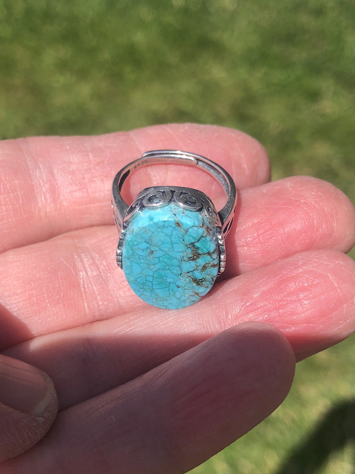 .925 Sterling Silver & Turquoise Handmade Ring 34 Carat GIE Cert. Adjustable