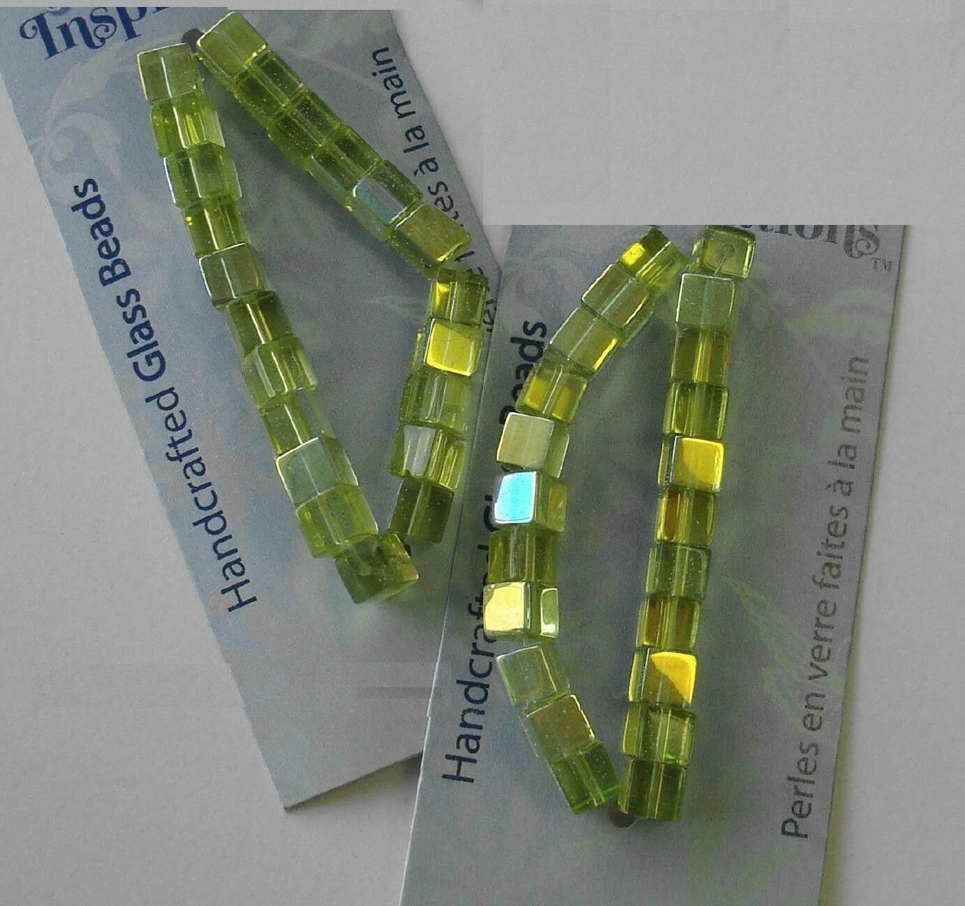 6mm Peridot iridescent cube shaped glass beads approx 44 pcs 12 inches gbs082