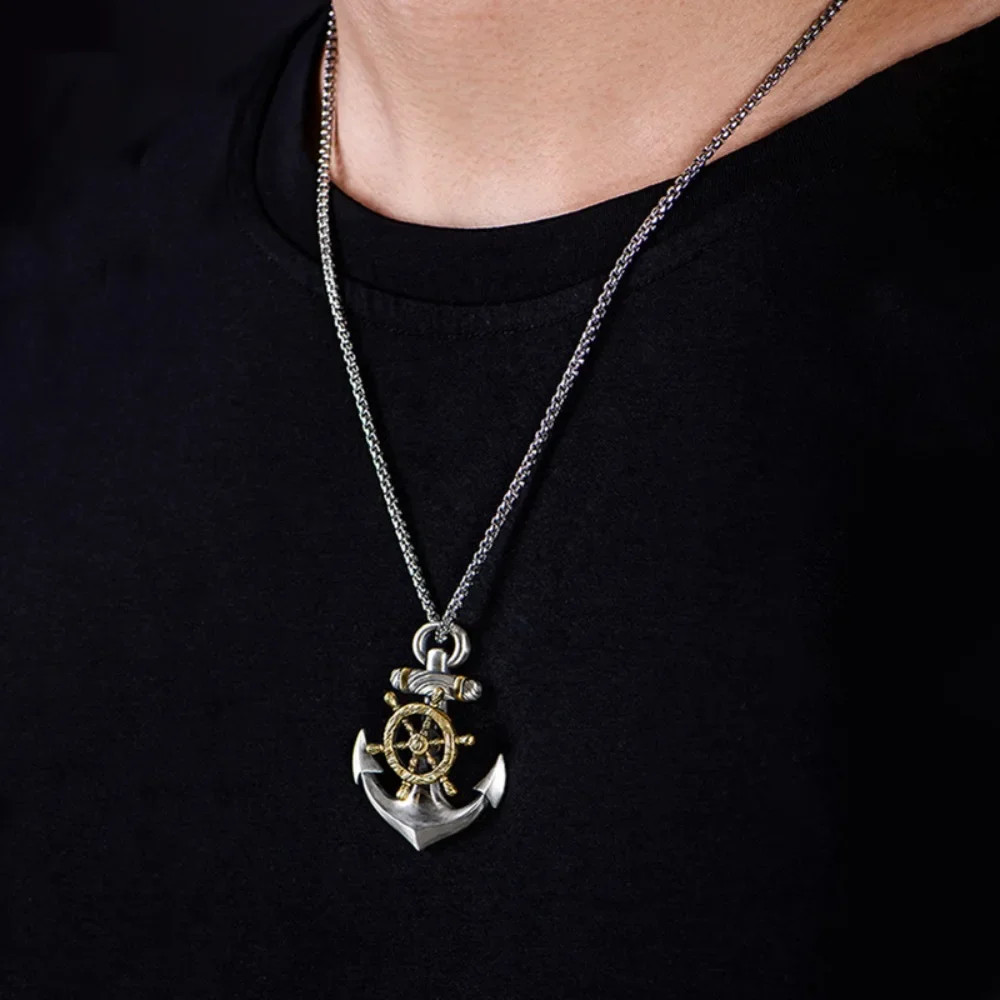 Retro Navy Pirate Anchor Pendant Necklace Men Women Rudder Punk Jewelry Gift