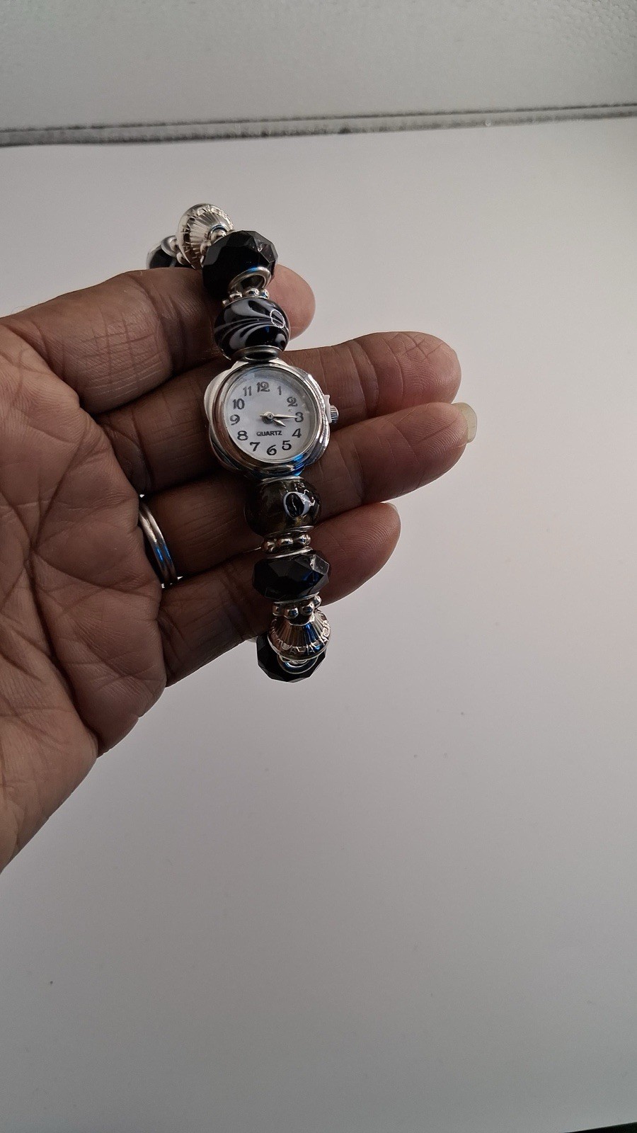 Womens Beaded Charm Bracelet Watch Black Glass Art Beads Evil Eye Silver Tone