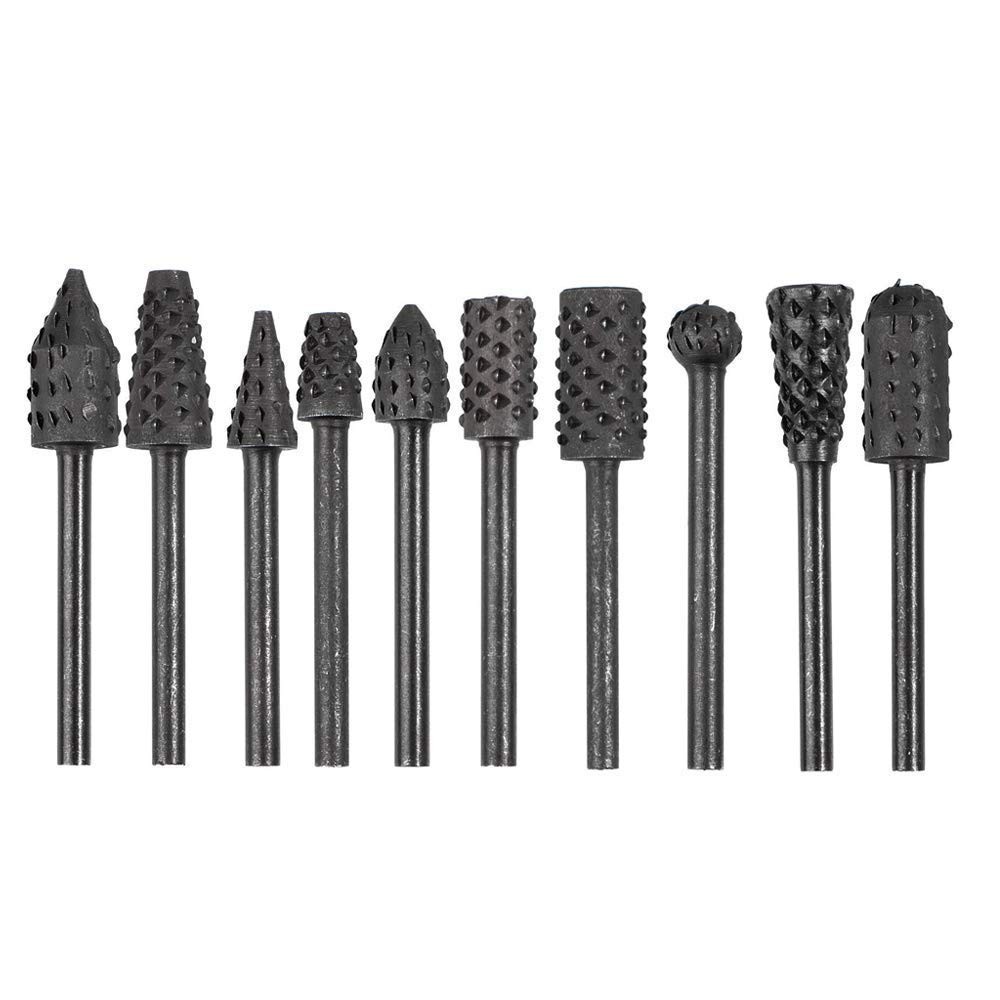 10Pcs 1/8”(3mm) Shank Rotary Burr Rasp Set, Carbon Steel Wood Carving File…