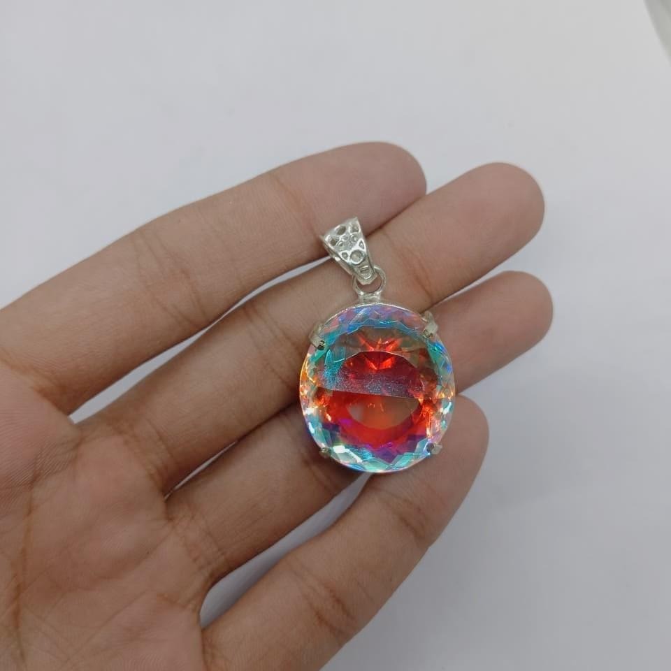 50-60 Ct Rainbow Mystic Topaz Pendant | Oval Cut Healing Stone Necklace