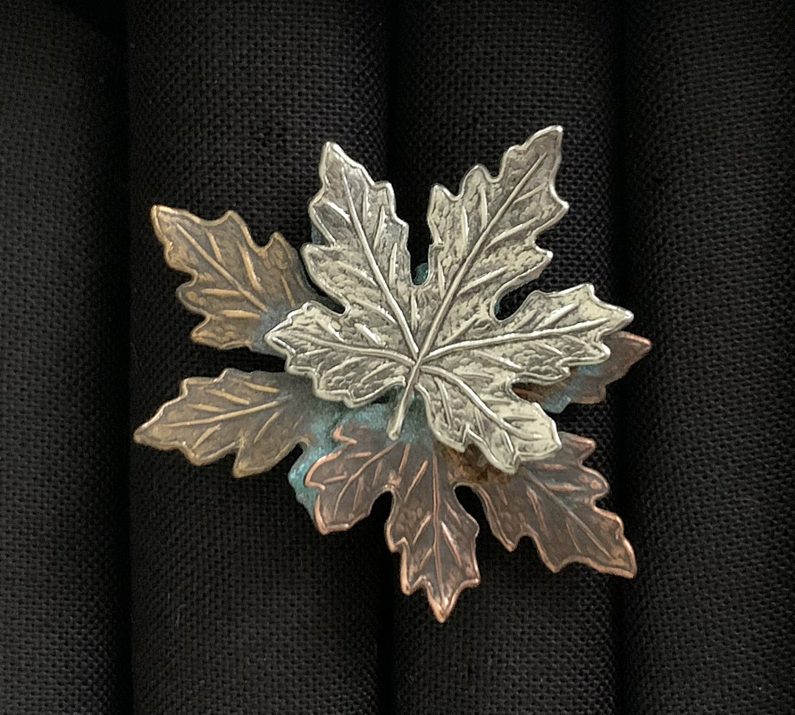 3 Vintage Leaf-Shaped Metal Brooches with Varies Patinas