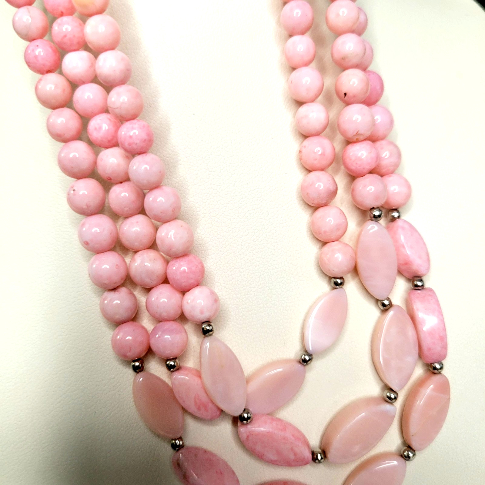 New JTV 925 Marquise Pink Opal gemstone Bead Necklace Triple 18-20″ Sterling