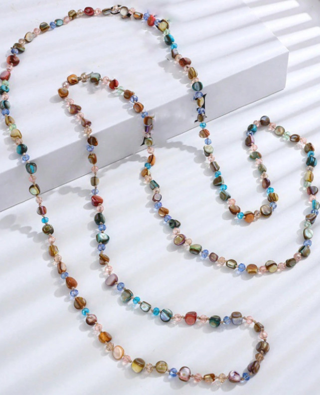Multicolor Shell & Bead Long Strand Necklace – Pink / Green / Blue