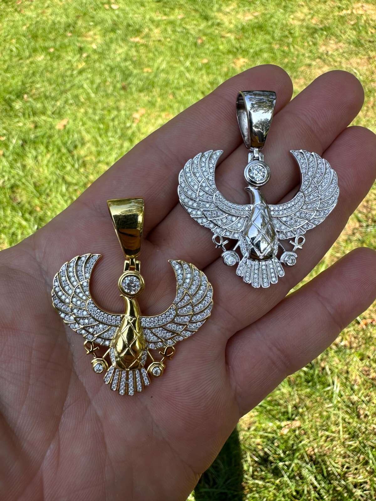 MOISSANITE Horus W. Ankh Pendant Real 925 Silver / Gold Iced Egyptian Necklace